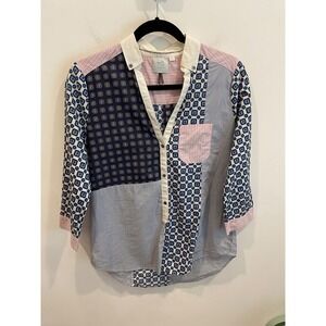 HD in Paris Anthropologie Patchwork Mixed Print Cotton Shirt Blue Pink US 2